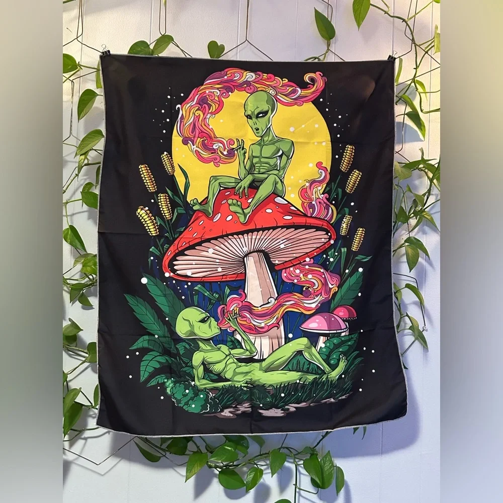 New alien mushroom smoke 420 tapestry dorm room college home decor gift wall